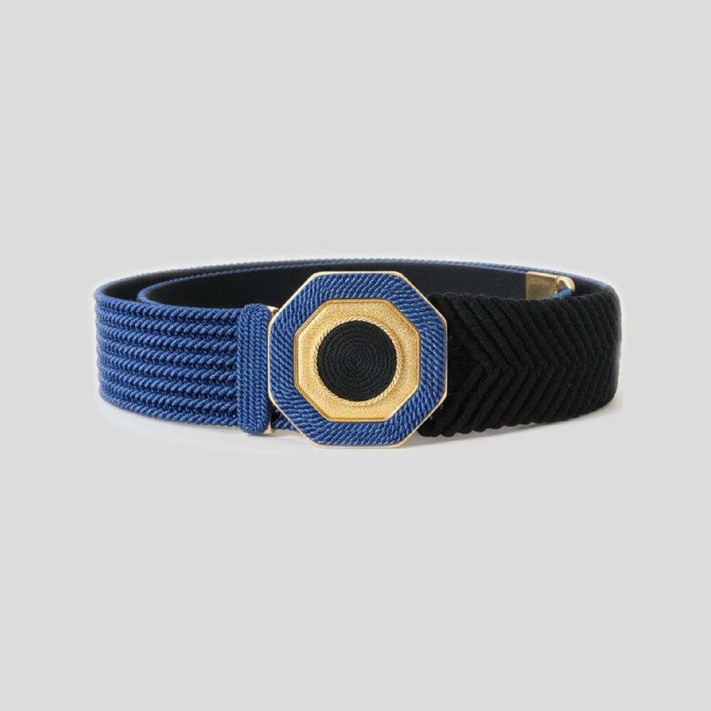 Vintage 80s Gutos Enamel Art Deco Black Blue Gold Braided Rope Stretch Belt M